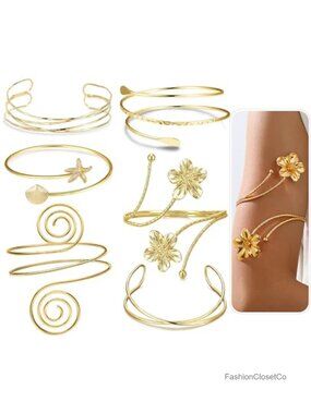 6 Piece Open Cuff Upper Arm Bracelet Set - Gold Tone Alloy Adjustable
